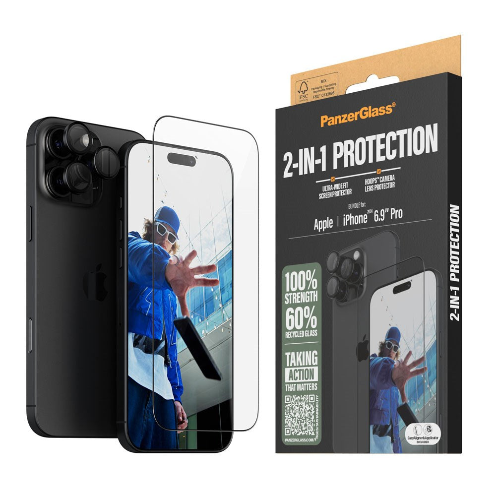 PanzerGlass iPhone 16 Pro Max 2-i-1 Bundle m. EasyAligner - Skærmbeskyttelse / Kamerabeskyttelse - Gennemsigtig / Sort