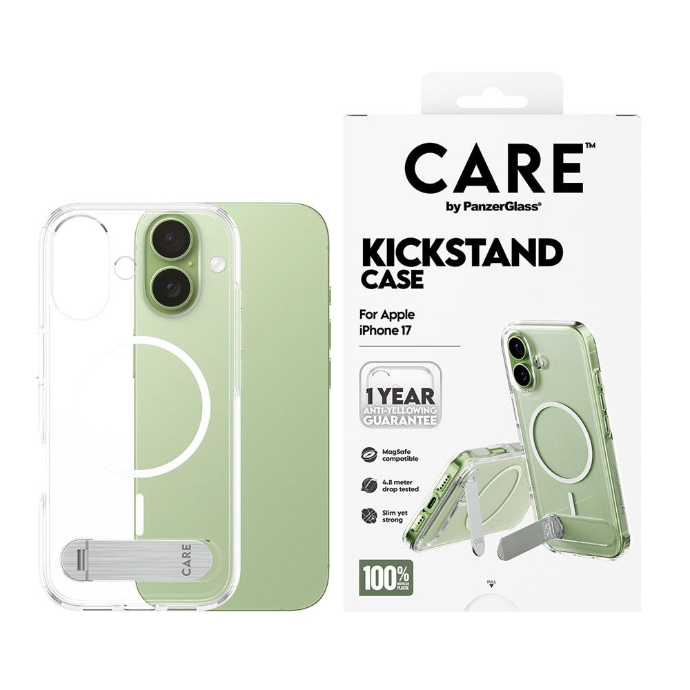 iPhone 17 CARE by PanzerGlass Feature Kickstand Mobil Cover - MagSafe Kompatibel - Transparent / Silver