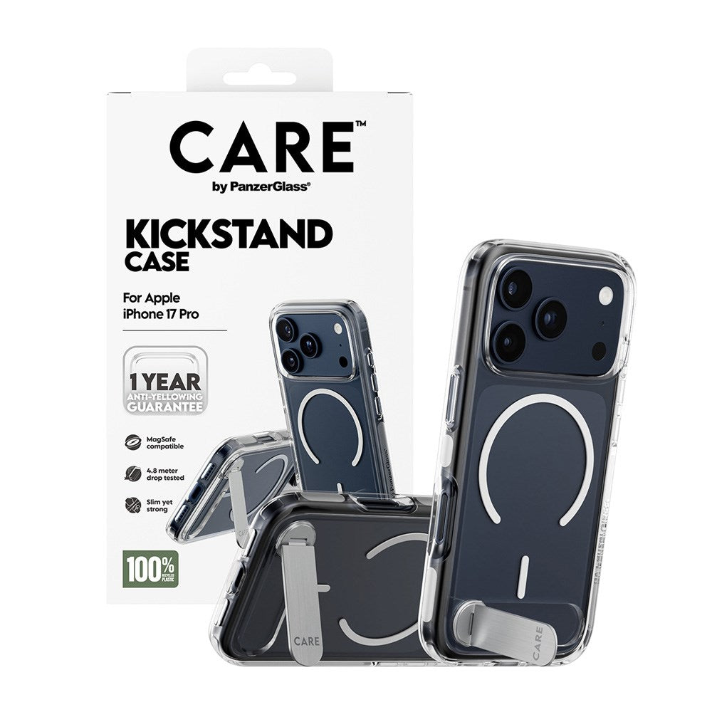 iPhone 17 Pro CARE by PanzerGlass Feature Kickstand Mobil Cover - MagSafe Kompatibel - Transparent / Silver