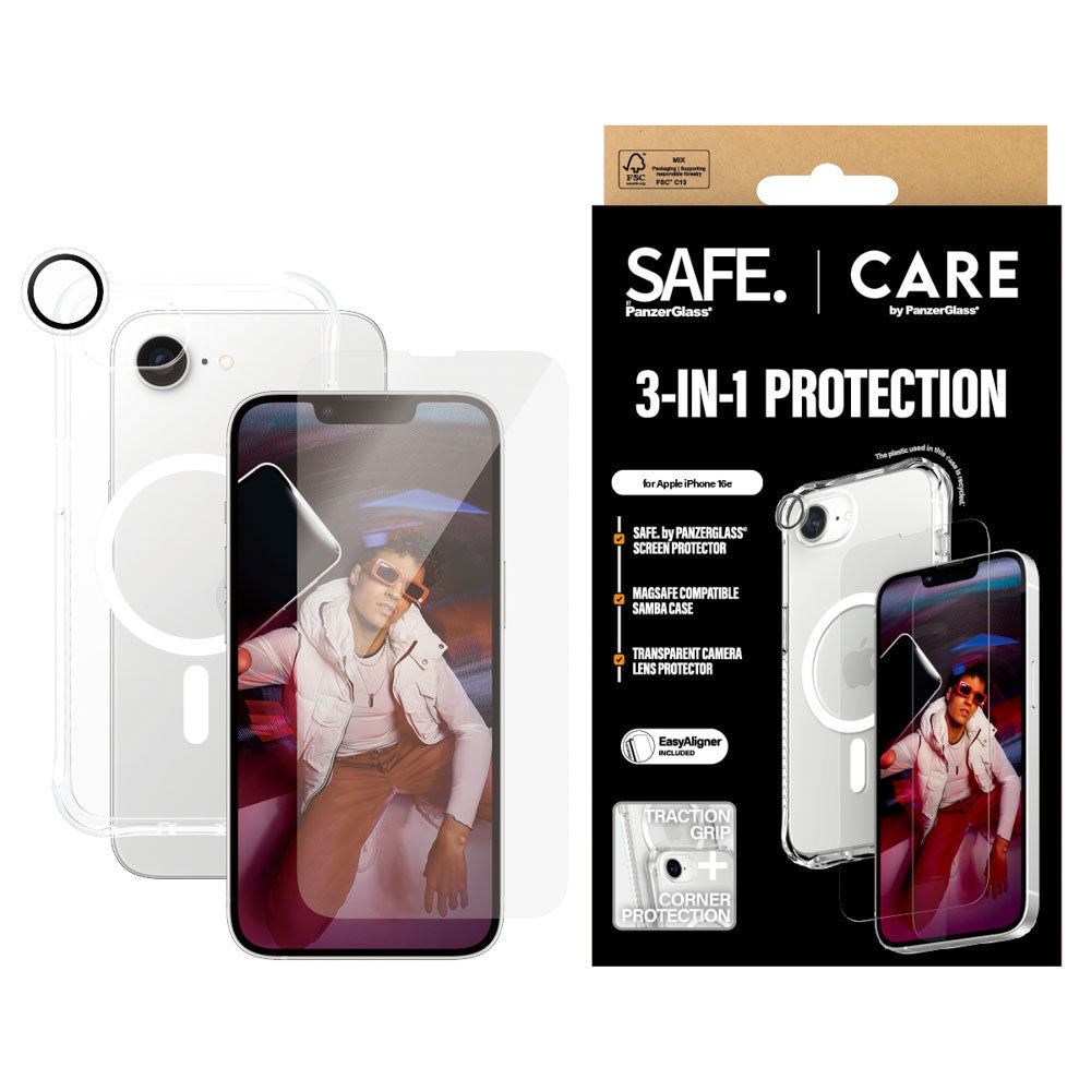 iPhone 16e CARE By PanzerGlass 3-i-1 FASHION Bundle - Skærmbeskyttelse (UWF) / Bagsidecover / Kamerabeskyttelse - Gennemsigtig / Hvid