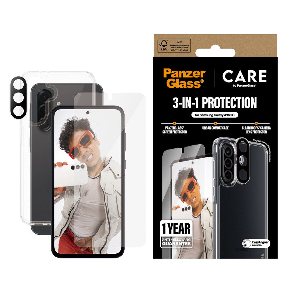 CARE by PanzerGlass - Samsung Galaxy A36 (5G) - 3-i-1 FLAGSHIP Bundle - Cover / Skærmbeskyttelse (UWF) / Kamerabeskyttelse - Gennemsigtig