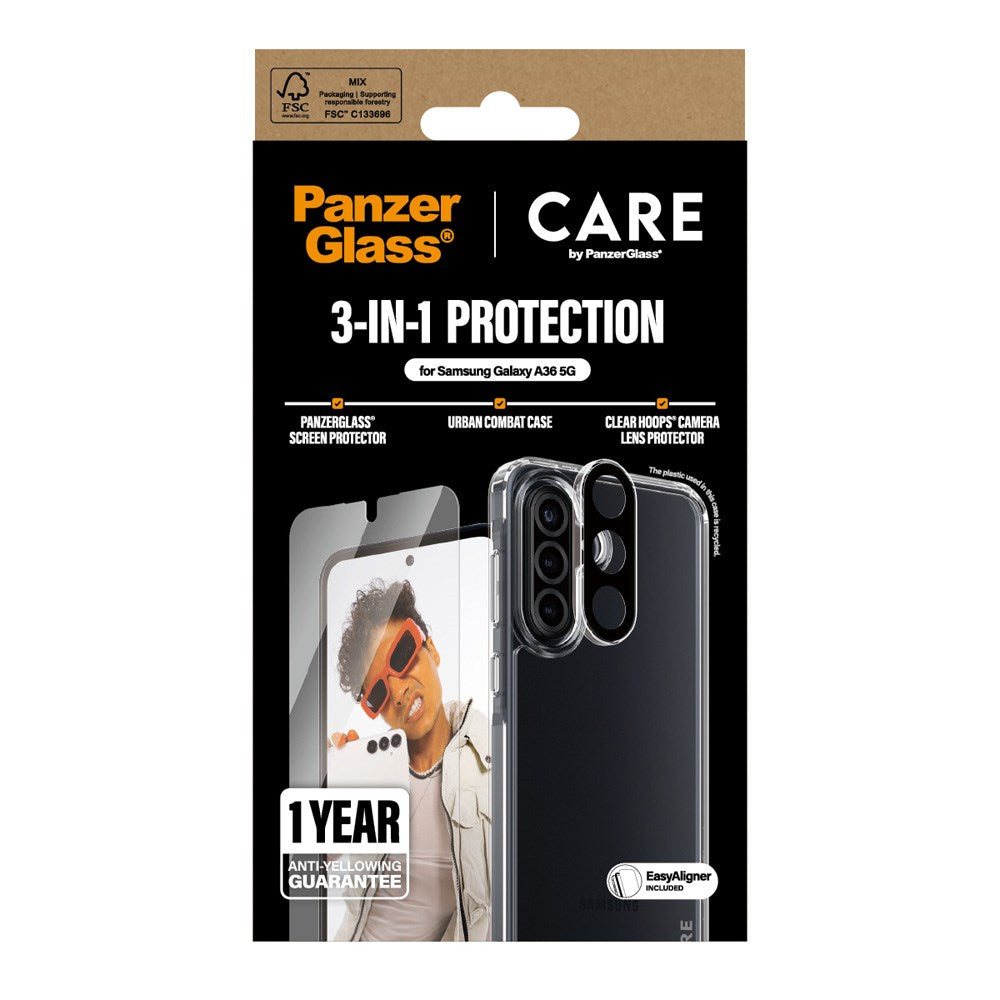 CARE by PanzerGlass - Samsung Galaxy A36 (5G) - 3-i-1 FLAGSHIP Bundle - Cover / Skærmbeskyttelse (UWF) / Kamerabeskyttelse - Gennemsigtig