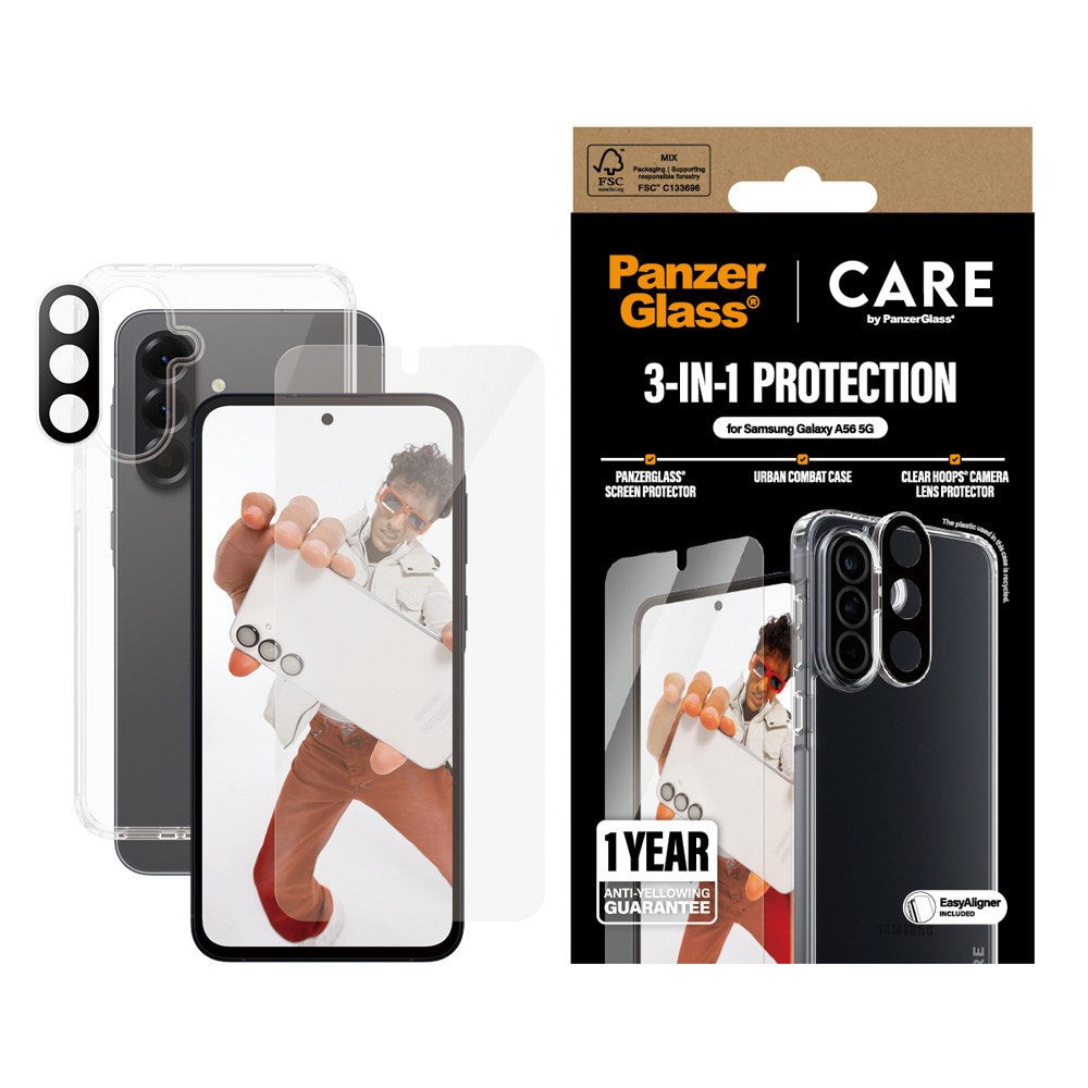 CARE by PanzerGlass - Samsung Galaxy A56 (5G) - 3-i-1 FLAGSHIP Bundle - Cover / Skærmbeskyttelse (UWF) / Kamerabeskyttelse - Gennemsigtig