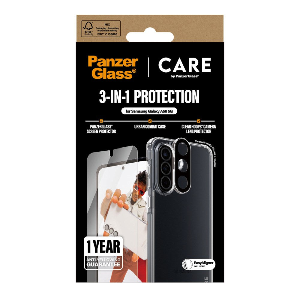 CARE by PanzerGlass - Samsung Galaxy A56 (5G) - 3-i-1 FLAGSHIP Bundle - Cover / Skærmbeskyttelse (UWF) / Kamerabeskyttelse - Gennemsigtig