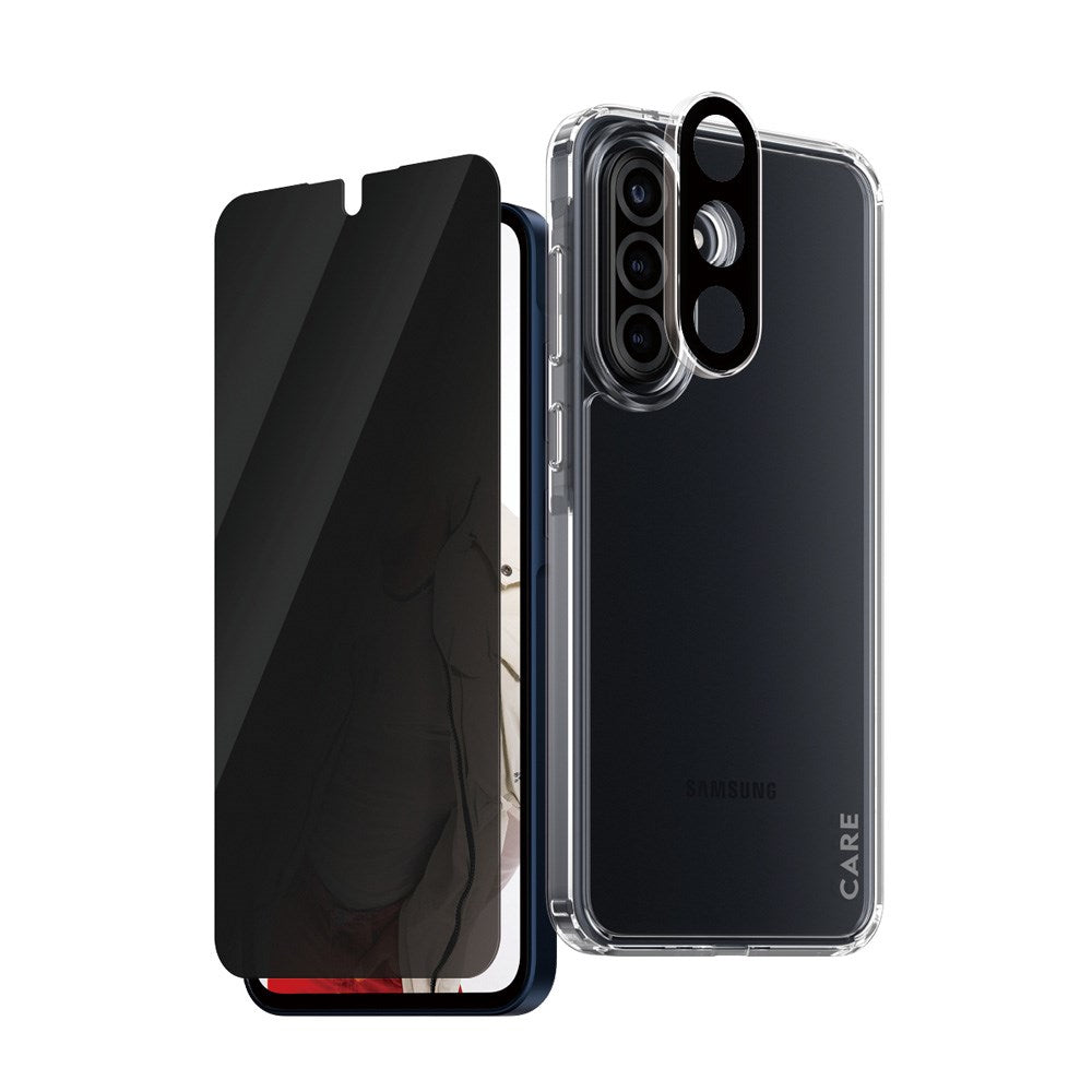 CARE by PanzerGlass - Samsung Galaxy A36 (5G) - 3-i-1 FLAGSHIP Bundle - Cover / Privacy Skærmbeskyttelse (UWF) / Kamerabeskyttelse - Gennemsigtig / Sort
