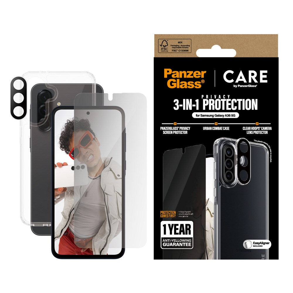 CARE by PanzerGlass - Samsung Galaxy A36 (5G) - 3-i-1 FLAGSHIP Bundle - Cover / Privacy Skærmbeskyttelse (UWF) / Kamerabeskyttelse - Gennemsigtig / Sort