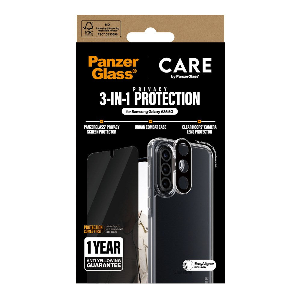 CARE by PanzerGlass - Samsung Galaxy A36 (5G) - 3-i-1 FLAGSHIP Bundle - Cover / Privacy Skærmbeskyttelse (UWF) / Kamerabeskyttelse - Gennemsigtig / Sort