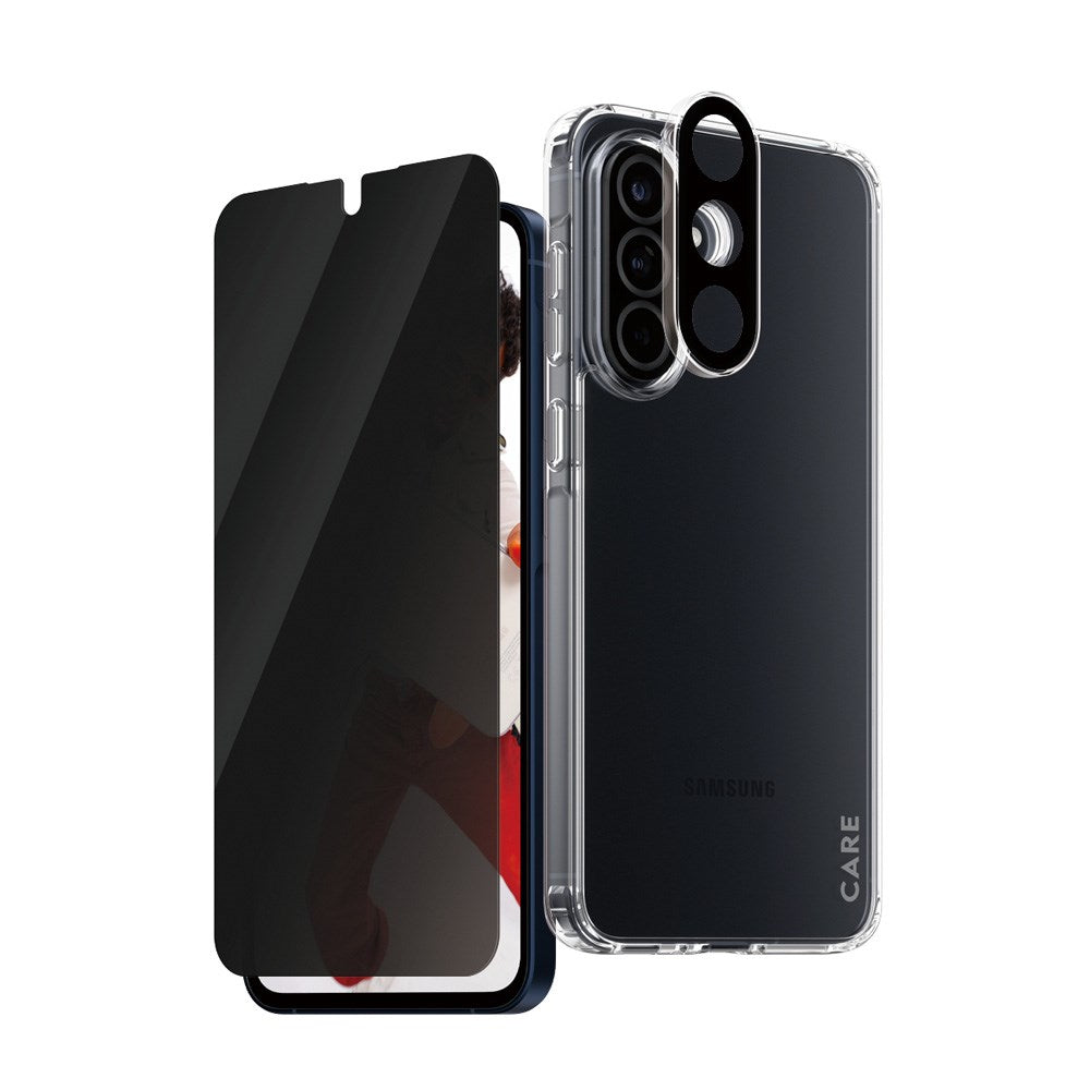 CARE by PanzerGlass - Samsung Galaxy A56 (5G) - 3-i-1 FLAGSHIP Bundle - Cover / Privacy Skærmbeskyttelse (UWF) / Kamerabeskyttelse - Gennemsigtig / Sort
