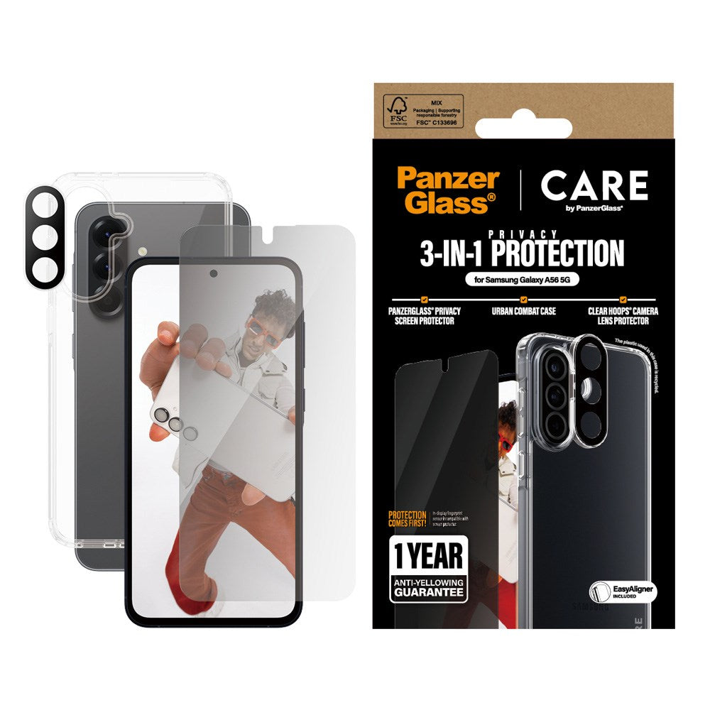 CARE by PanzerGlass - Samsung Galaxy A56 (5G) - 3-i-1 FLAGSHIP Bundle - Cover / Privacy Skærmbeskyttelse (UWF) / Kamerabeskyttelse - Gennemsigtig / Sort