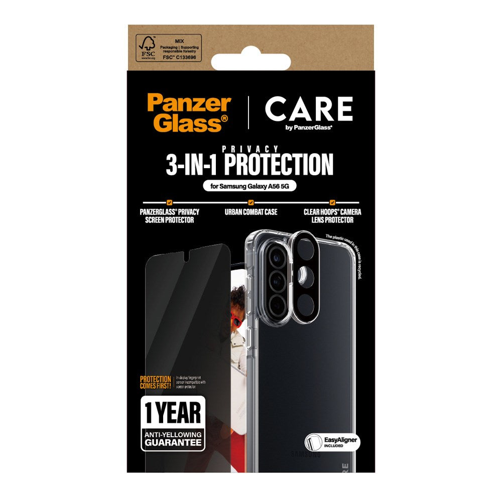 CARE by PanzerGlass - Samsung Galaxy A56 (5G) - 3-i-1 FLAGSHIP Bundle - Cover / Privacy Skærmbeskyttelse (UWF) / Kamerabeskyttelse - Gennemsigtig / Sort