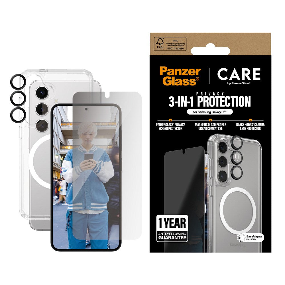 CARE by PanzerGlass - Samsung Galaxy S25 - 3-i-1 FLAGSHIP Bundle - Cover / Privacy Skærmbeskyttelse (UWF) / Kamerabeskyttelse - Gennemsigtig / Hvid