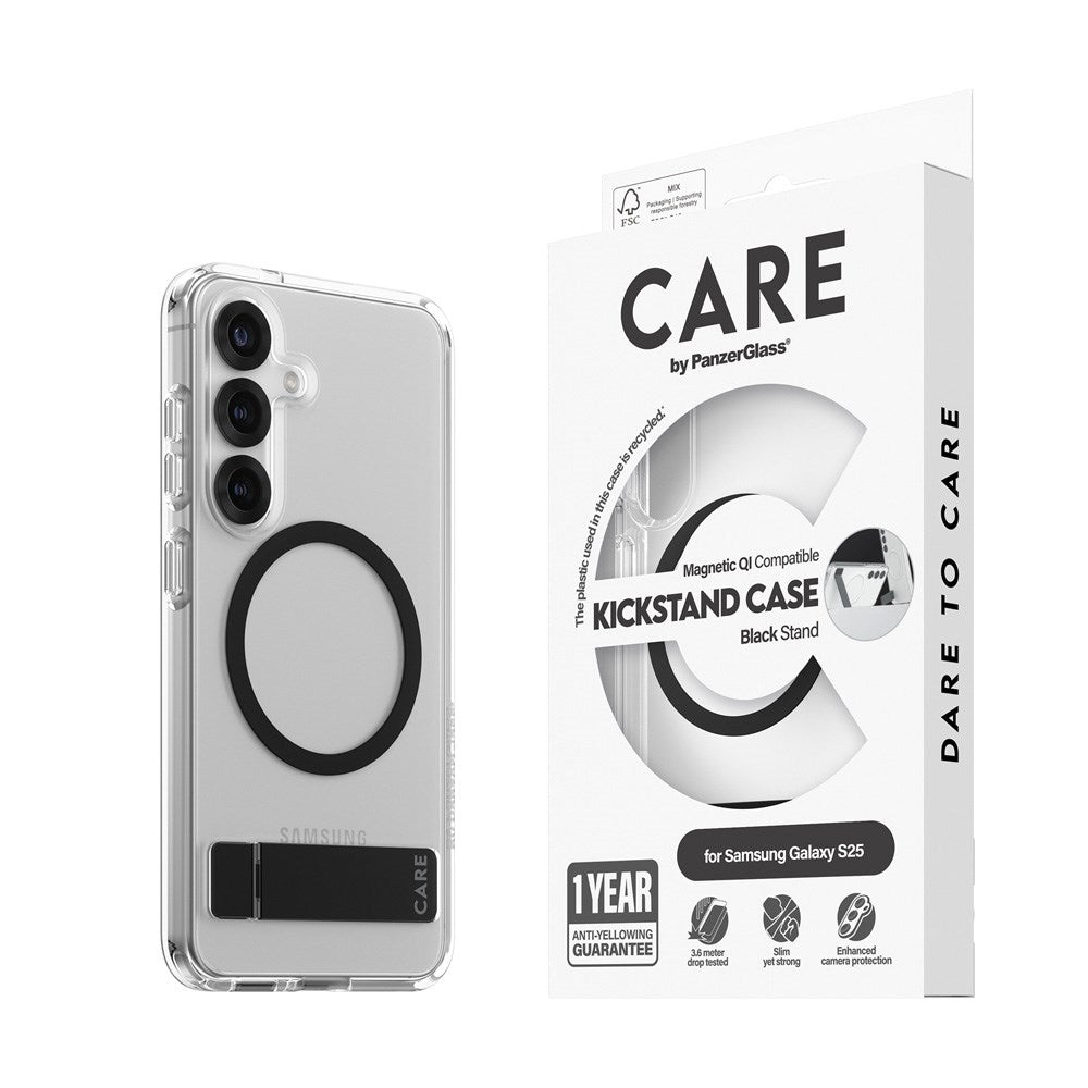 Samsung Galaxy S25 CARE by PanzerGlass Feature Kickstand Case - Qi Kompatibel - Transparent / Black