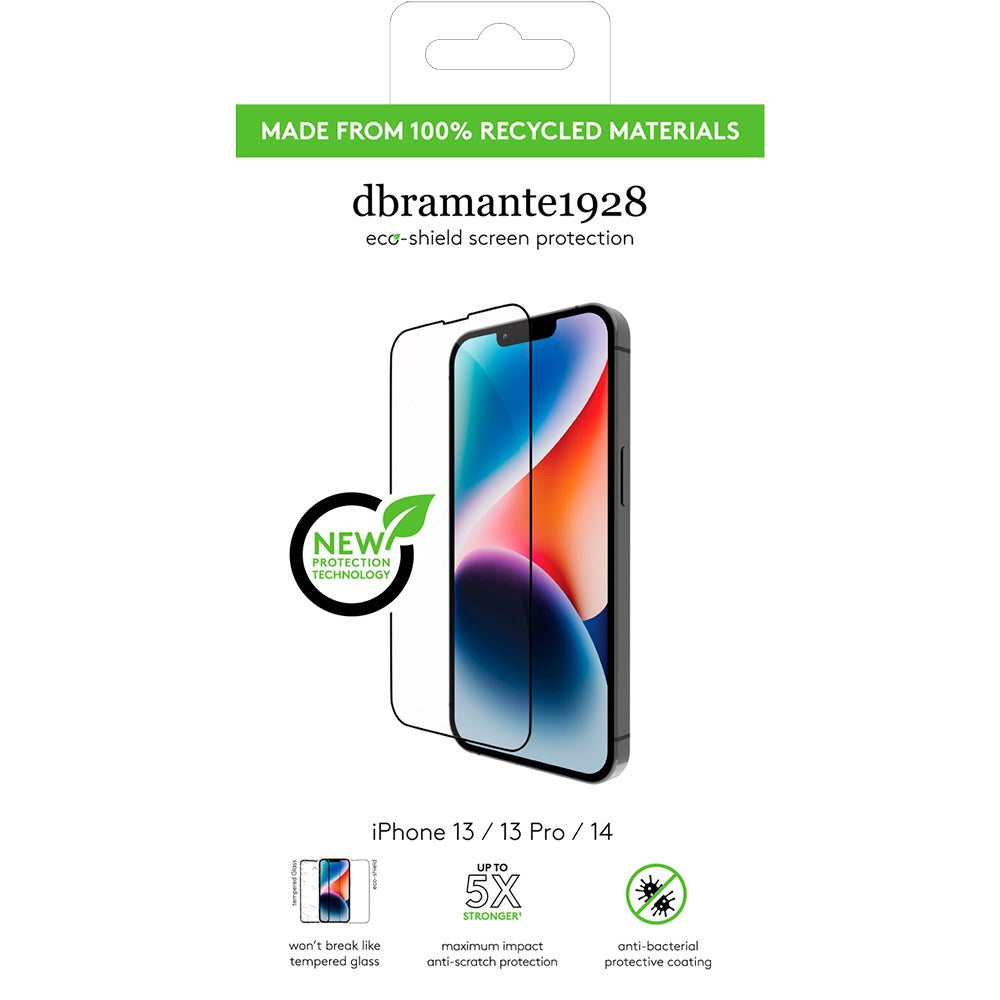 dbramante1928 iPhone 16e / 14 / 13 / 13 Pro Eco-Shield Skærmbeskyttelse m. Installationsramme - Sort Kant