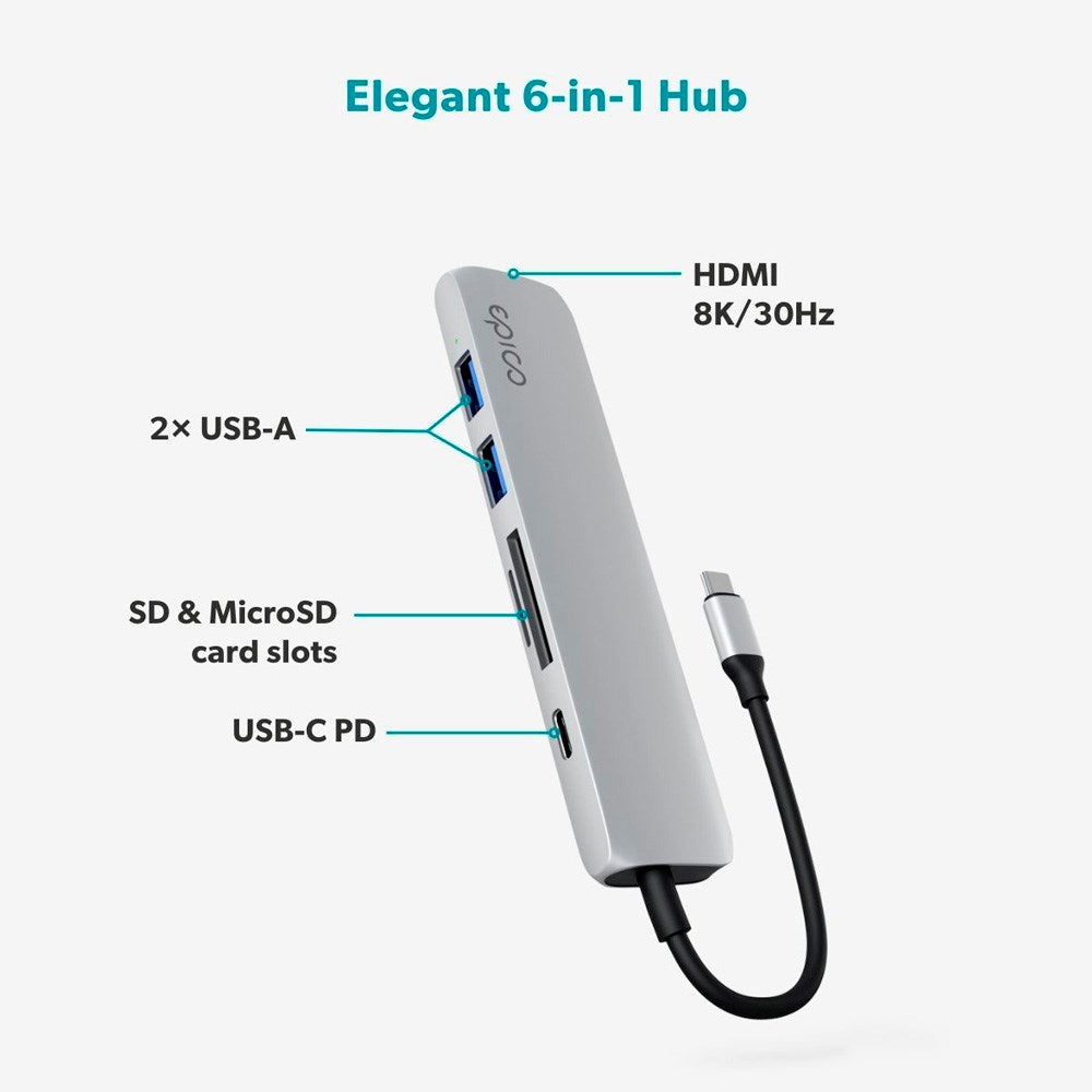 Epico 6-i-1 Aluminium 8K USB-C Hub - Silver