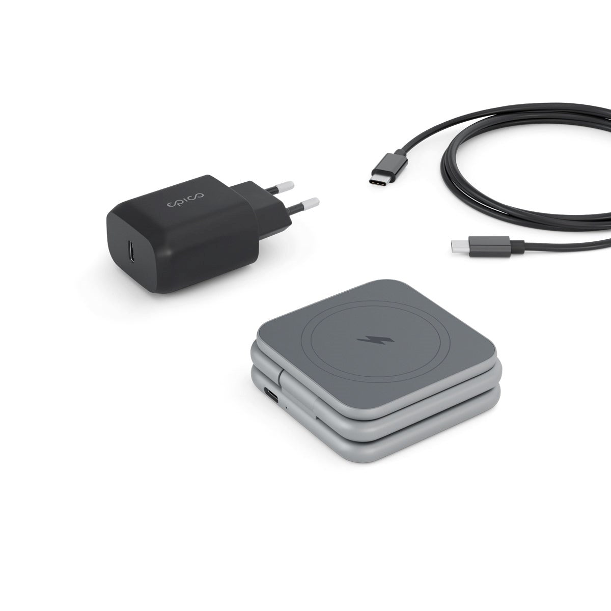 Epico Mag+ 3-i-1 Trådløs Oplader 15W m. 25W Vægoplader & USB-C Kabel - MagSafe Kompatibel - Space Grey