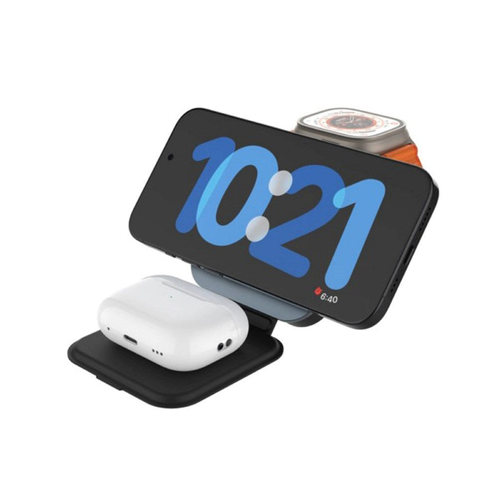 Fixed MagFlex 3-i-1 Foldbar Trådløs Oplader - MagSafe - Sort/Grå