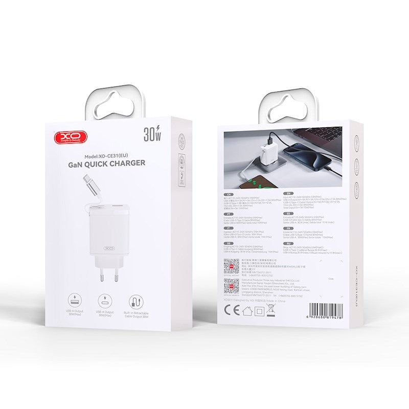 XO 30W Vægoplader 1 x USB-C 1 x USB-A inkl. USB-C Kabel - Hvid