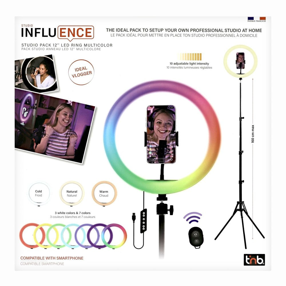 T'NB Influence Pro 12" Multifarvet LED Ring Light inkl. Justerbar Tripod til Telefon - Sort