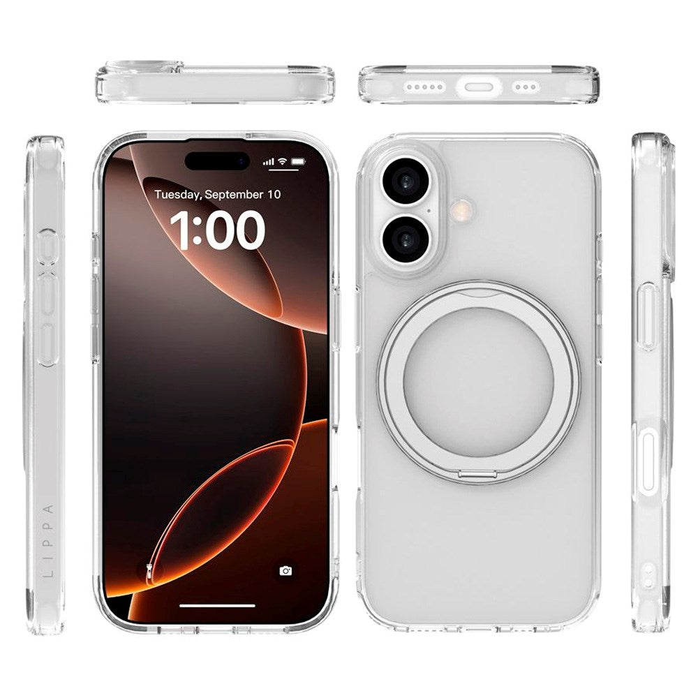 Lippa iPhone 17 Hybrid Cover m. Roterende Kickstand - MagSafe Kompatibel - Gennemsigtig / Sølv