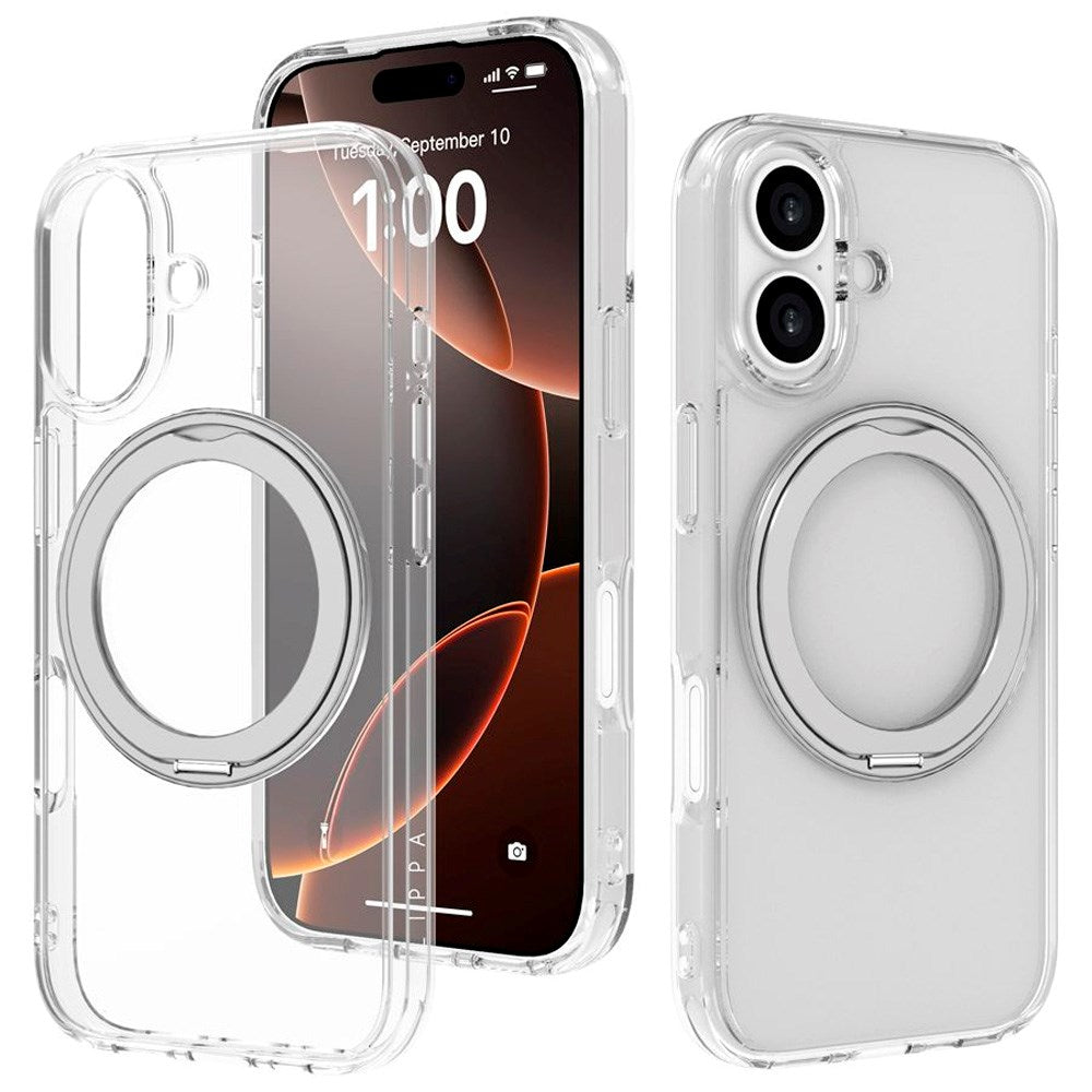 Lippa iPhone 17 Hybrid Cover m. Roterende Kickstand - MagSafe Kompatibel - Gennemsigtig / Sølv