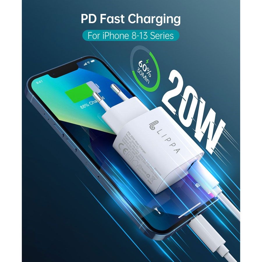 Lippa Vægoplader m. USB-C 20W - Power Delivery - Hvid