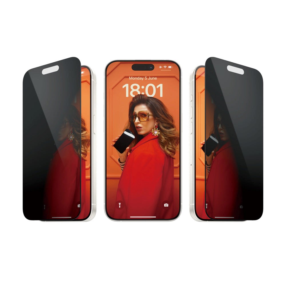 PanzerGlass iPhone 15 Pro Ultra Wide Fit Beskyttelsesglas m. EasyAligner - Privacy - Diamond Strength - Gennemsigtig / Sort Kant