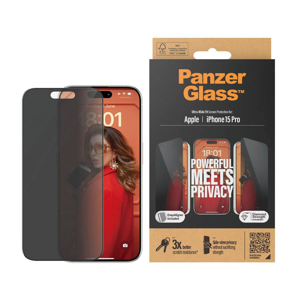 PanzerGlass iPhone 15 Pro Ultra Wide Fit Beskyttelsesglas m. EasyAligner - Privacy - Diamond Strength - Gennemsigtig / Sort Kant