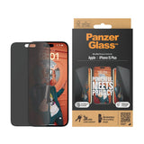 PanzerGlass iPhone 15 Plus Ultra Wide Fit Beskyttelsesglas m. EasyAligner - Privacy - Diamond Strength - Gennemsigtig / Sort Kant