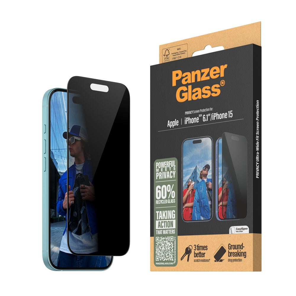 PanzerGlass iPhone 15 / 16 Ultra Wide Fit Beskyttelsesglas m. EasyAligner - Privacy - Diamond Strength - Gennemsigtig / Sort Kant