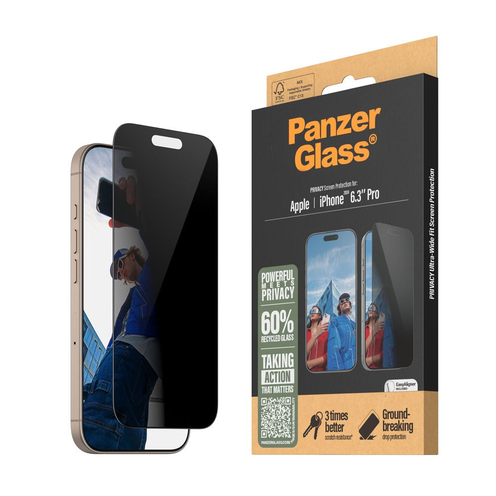 PanzerGlass iPhone 16 Pro Ultra Wide Fit Beskyttelsesglas m. EasyAligner - Privacy - Diamond Strength - Gennemsigtig / Sort Kant