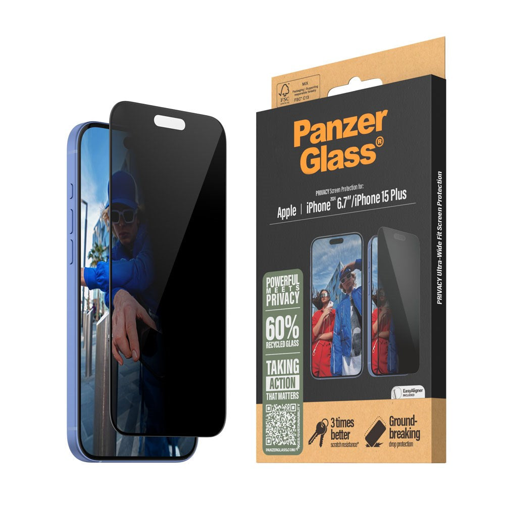 PanzerGlass iPhone 15 Plus / 16 Plus Ultra Wide Fit Beskyttelsesglas m. EasyAligner - Privacy - Diamond Strength - Gennemsigtig / Sort Kant