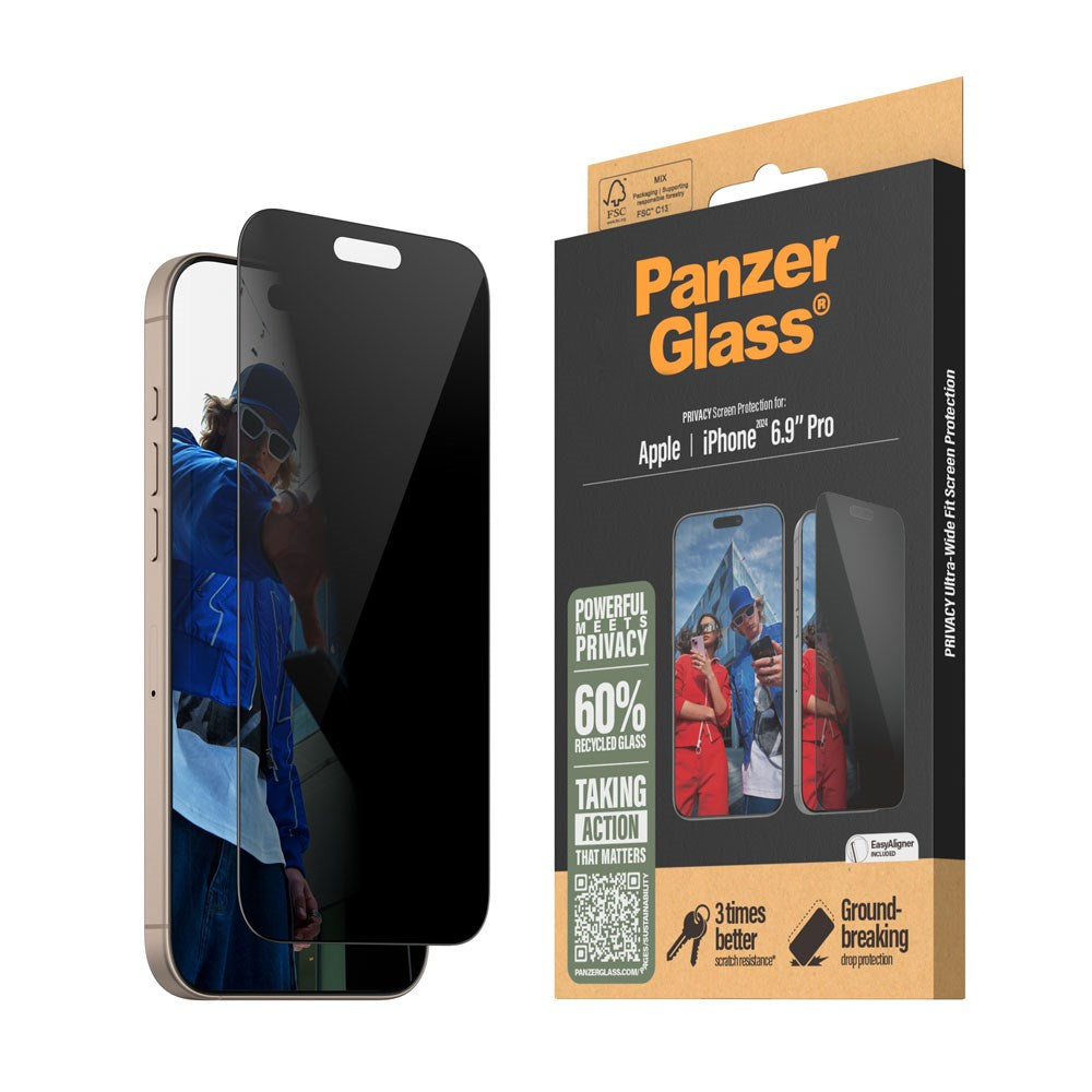 PanzerGlass iPhone 16 Pro Max Ultra Wide Fit Beskyttelsesglas m. EasyAligner - Privacy - Diamond Strength - Gennemsigtig / Sort Kant