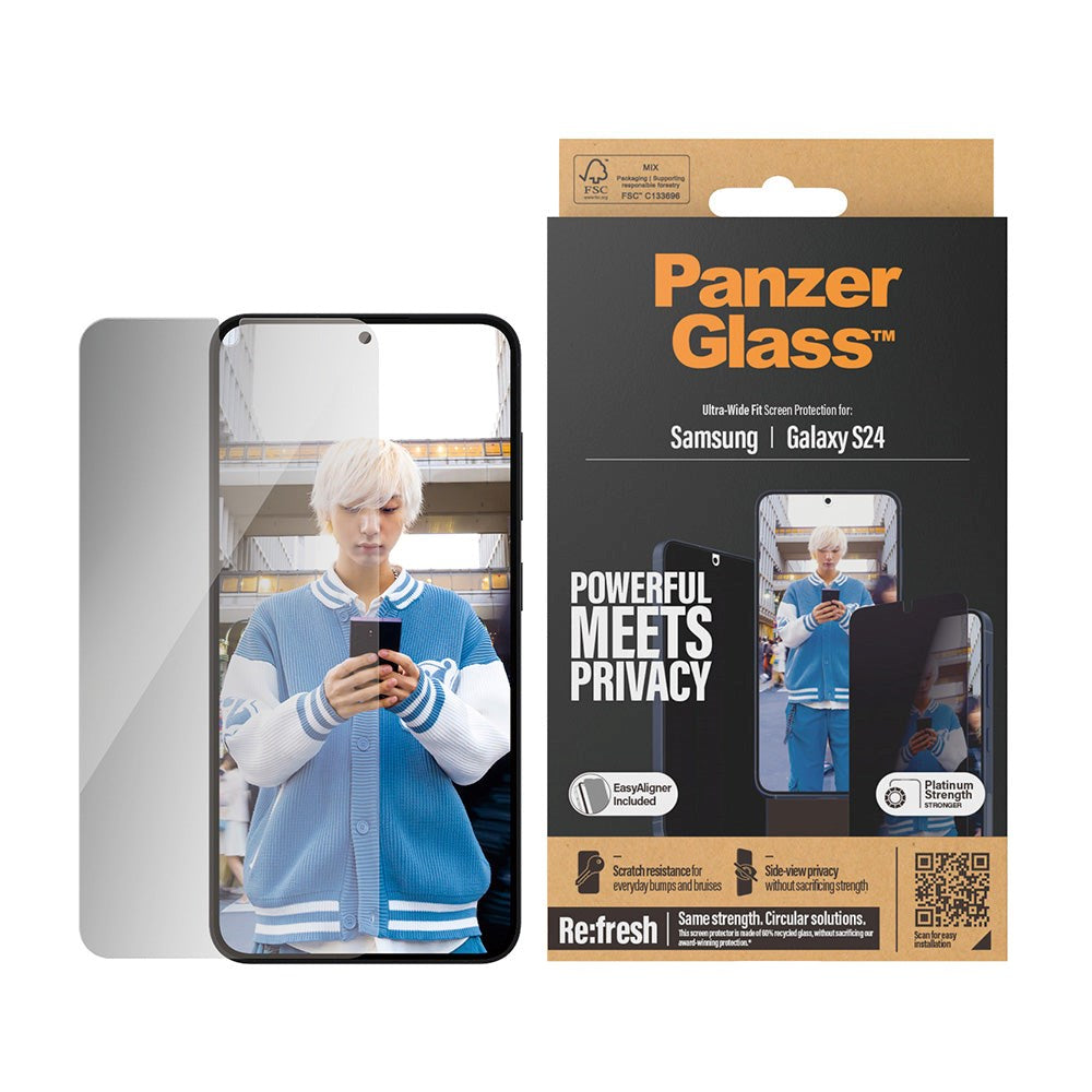 PanzerGlass Samsung Galaxy S24 Ultra Wide Fit Re:fresh Beskyttelsesglas m. EasyAligner - Privacy - Platinum Strength - Gennemsigtig / Sort Kant