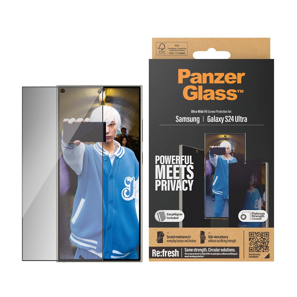 PanzerGlass Samsung Galaxy S24 Ultra Ultra Wide Fit Re:fresh Beskyttelsesglas m. EasyAligner - Privacy - Platinum Strength - Gennemsigtig / Sort Kant