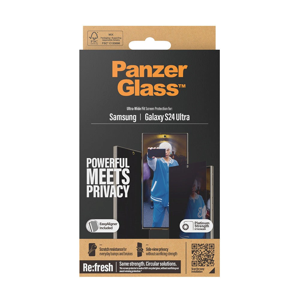 PanzerGlass Samsung Galaxy S24 Ultra Ultra Wide Fit Re:fresh Beskyttelsesglas m. EasyAligner - Privacy - Platinum Strength - Gennemsigtig / Sort Kant