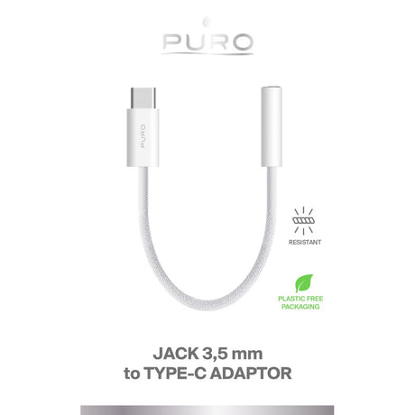 Puro USB-C til Jack 3,5 mm Lydadapter - Flettet Kabel - 15 cm - Hvid