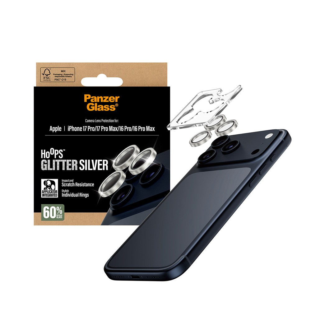 PanzerGlass iPhone 17 Pro / 17 Pro Max / 16 Pro / 16 Pro Max Hoops Kamerabeskyttelsesglas inkl. Installationsramme - Glitter Sølv