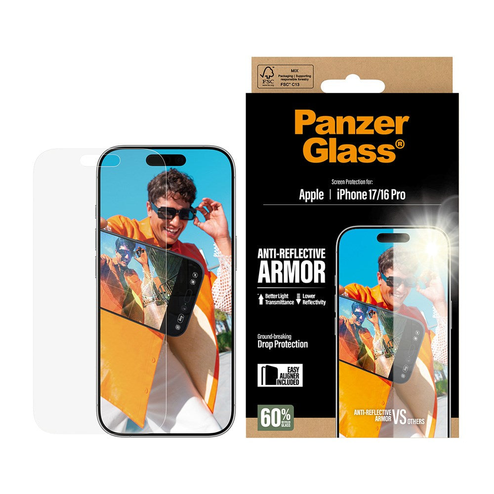 iPhone 17 / 16 Pro PanzerGlass Ultra Wide Fit Beskyttelsesglas m. EasyAligner - Anti-Reflective - Gennemsigtig
