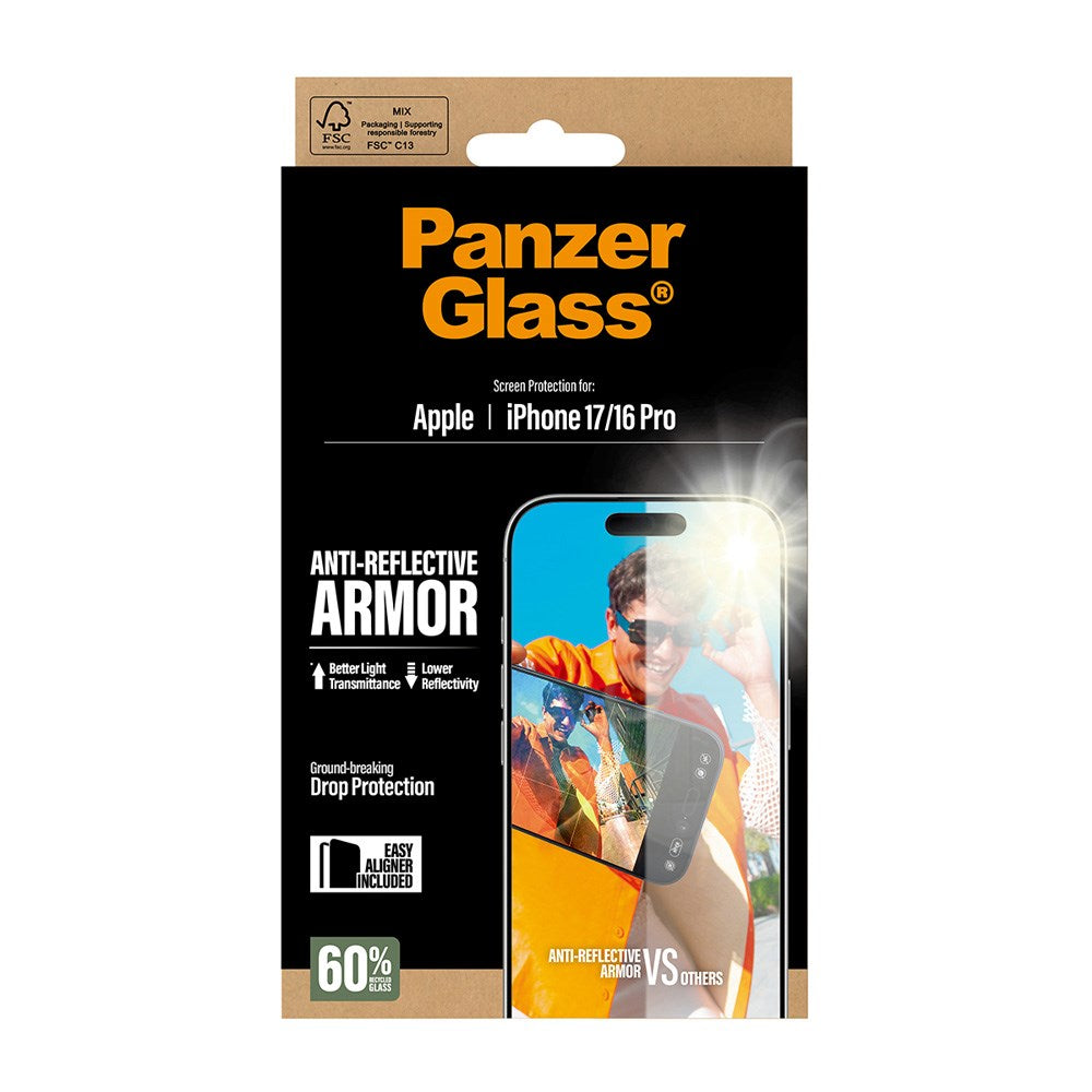 iPhone 17 / 16 Pro PanzerGlass Ultra Wide Fit Beskyttelsesglas m. EasyAligner - Anti-Reflective - Gennemsigtig
