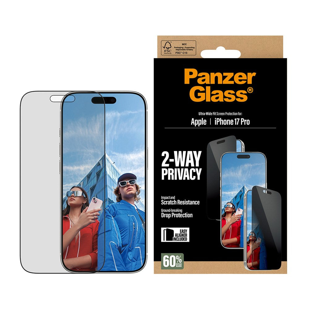 iPhone 17 Pro PanzerGlass 2-Way Privacy Skærmbeskyttelsesglas - Ultra-Wide Fit - Gennemsigtig