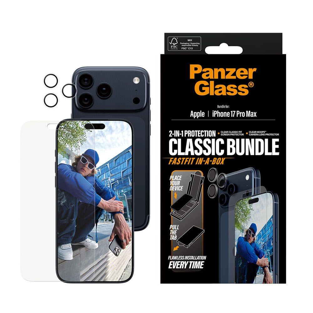 iPhone 17 Pro Max PanzerGlass 2-in-1 Classic Bundle m. Classic Fit Skærmbeskyttelse & Hoops Kameralinsebeskyttelse - Gennemsigtig