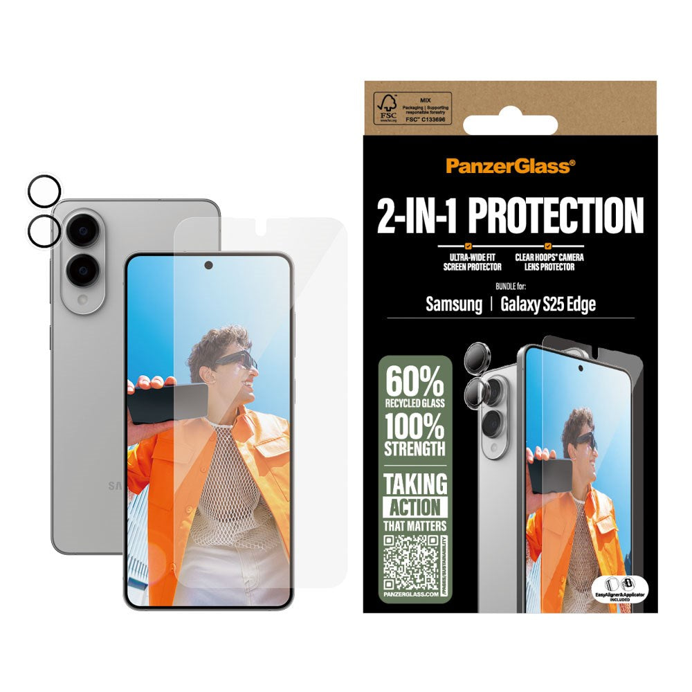 PanzerGlass Samsung Galaxy S25 Edgex 2-i-1 Bundle m. EasyAligner - Skærmbeskyttelse / Kamerabeskyttelse - Gennemsigtig / Sort