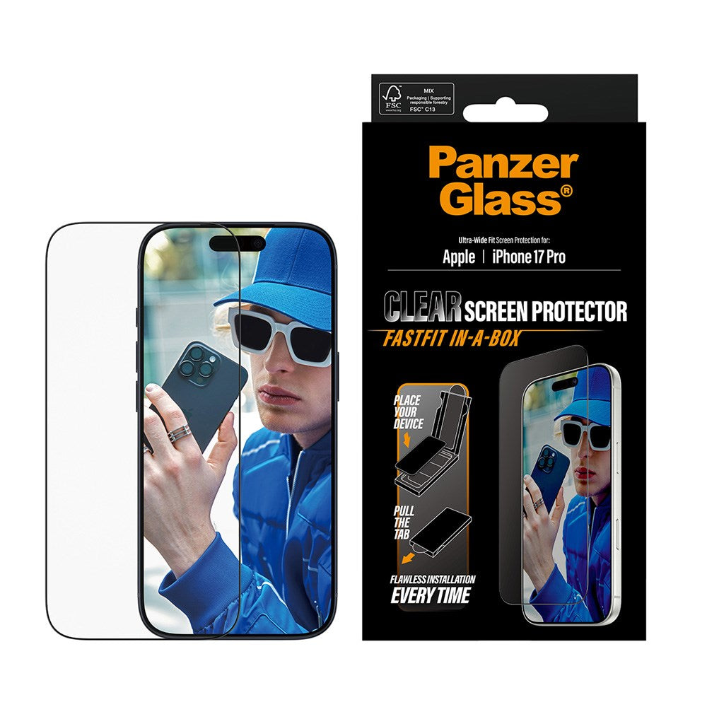 PanzerGlass iPhone 17 Pro Hærdet Beskyttelsesglas inkl. FastFit In-A-Box - Ultra Wide Fit - Gennemsigtig