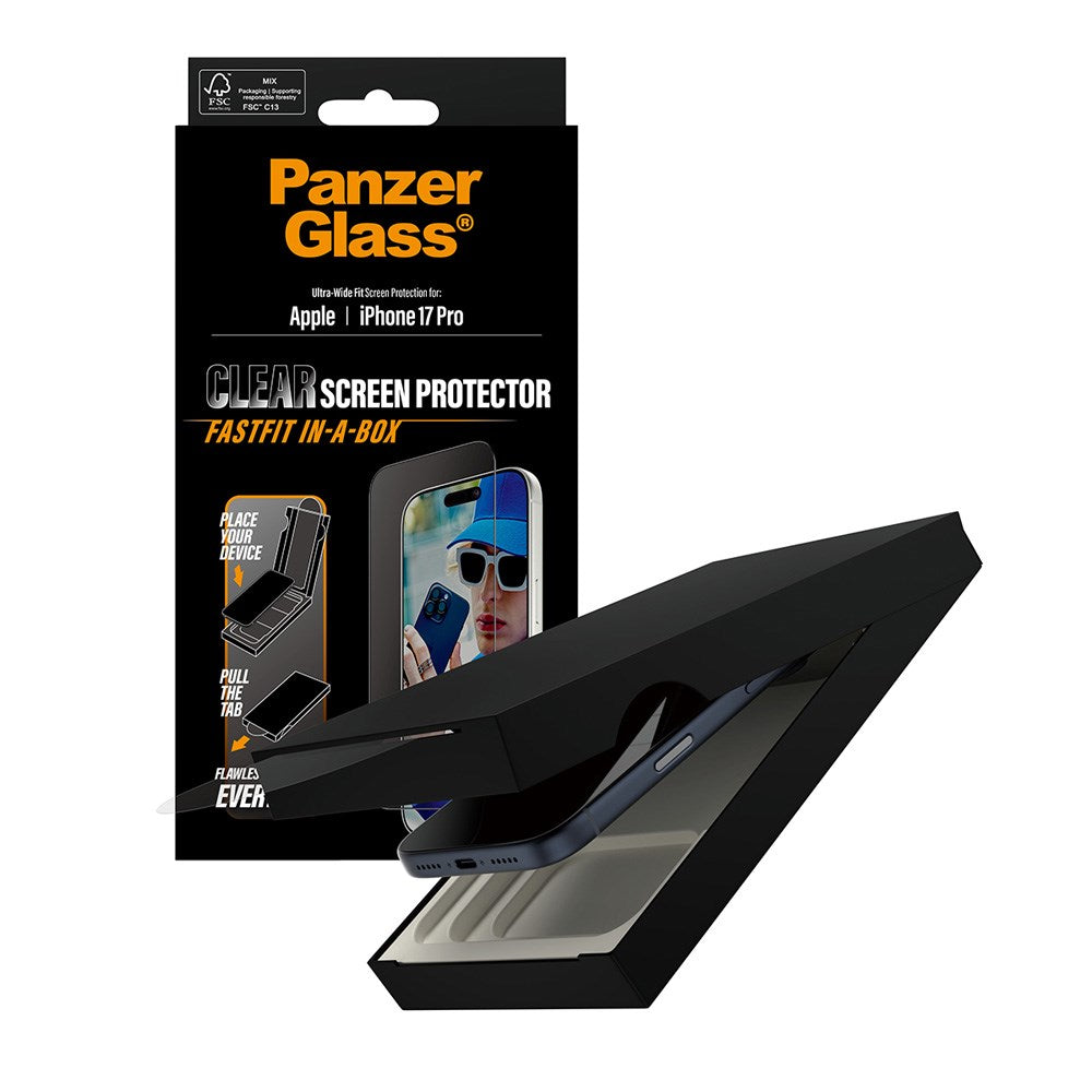 PanzerGlass iPhone 17 Pro Hærdet Beskyttelsesglas inkl. FastFit In-A-Box - Ultra Wide Fit - Gennemsigtig