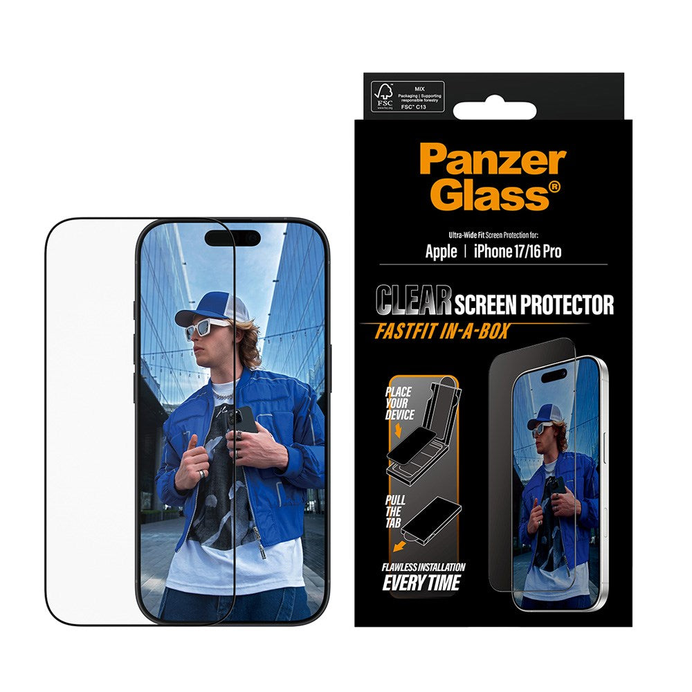 PanzerGlass iPhone 17 / 16 Pro Hærdet Beskyttelsesglas inkl. FastFit In-A-Box - Ultra Wide Fit - Gennemsigtig