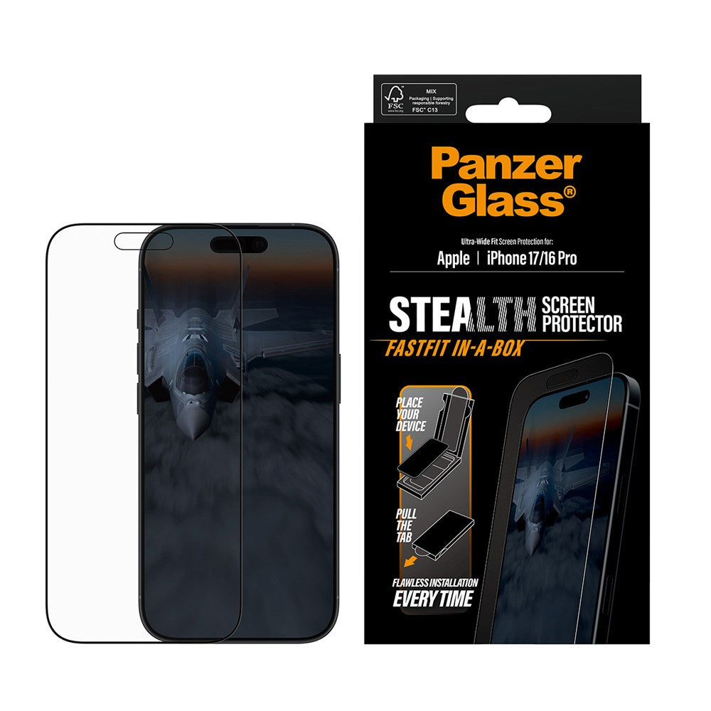 iPhone 17 / 16 Pro PanzerGlass Stealth Skærmbeskyttelsesglas - Ultra-Wide Fit - Gennemsigtig / Sort Kant