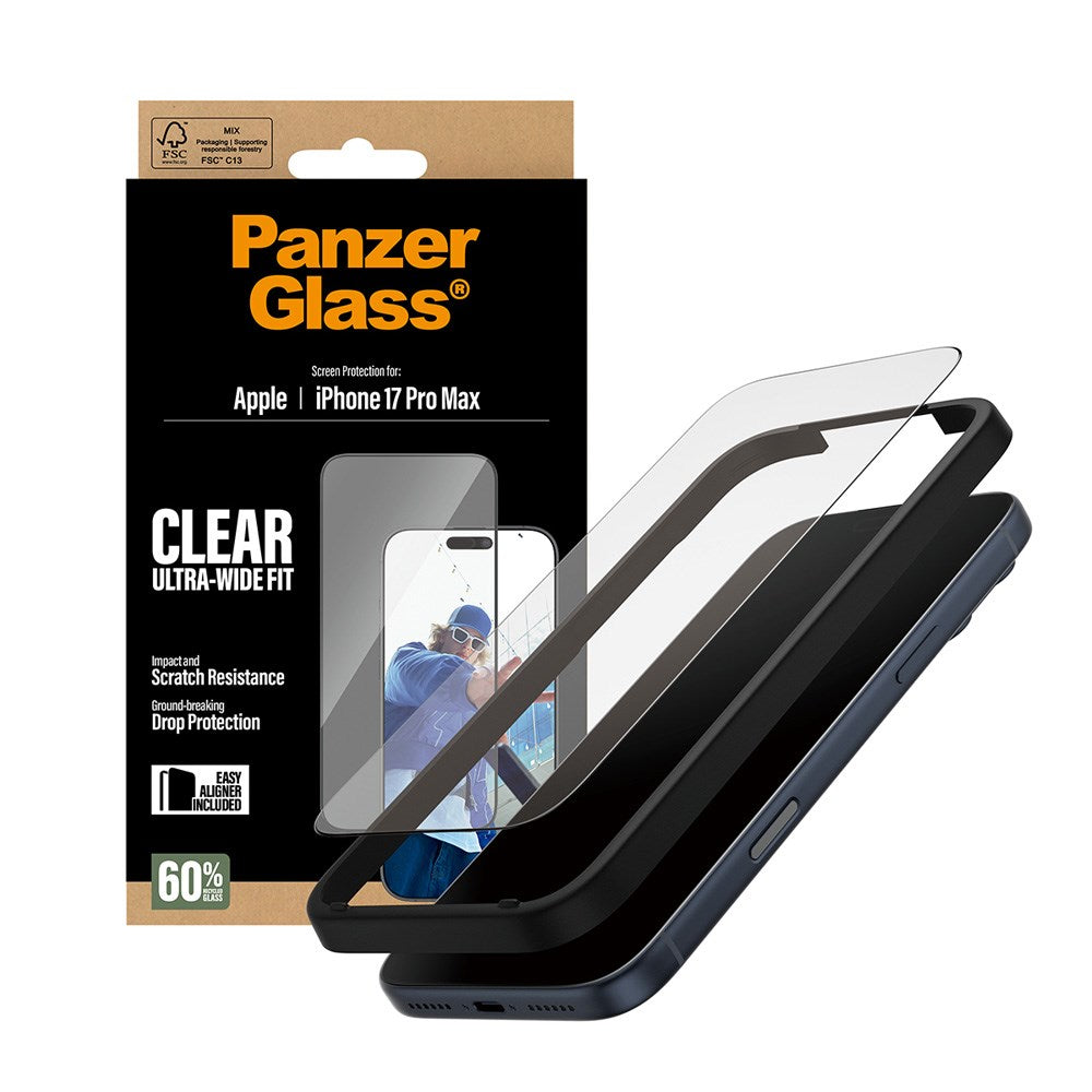 PanzerGlass iPhone 17 Pro Max Hærdet Beskyttelsesglas inkl. EasyAligner - Ultra Wide Fit - Gennemsigtig