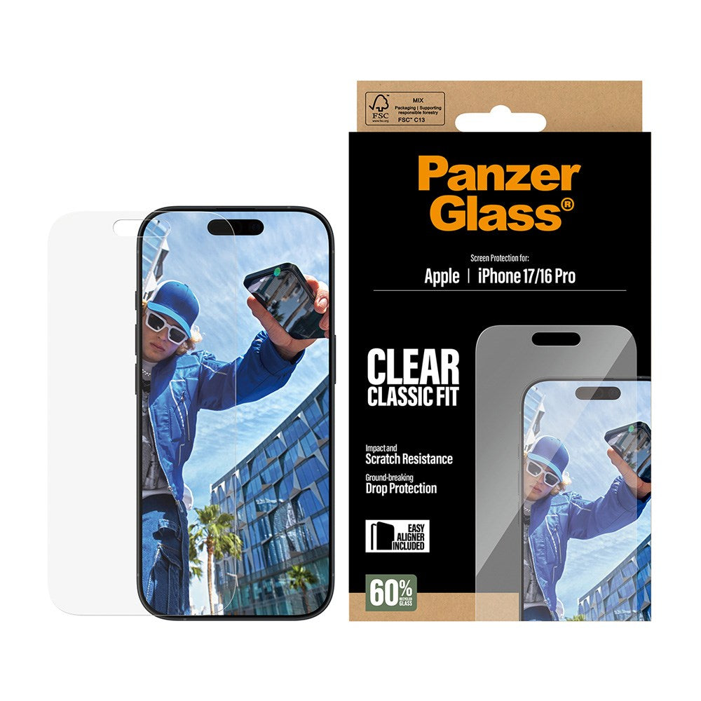 PanzerGlass iPhone 17 / 16 Pro Hærdet Beskyttelsesglas inkl. EasyAligner - Classic Fit - Gennemsigtig