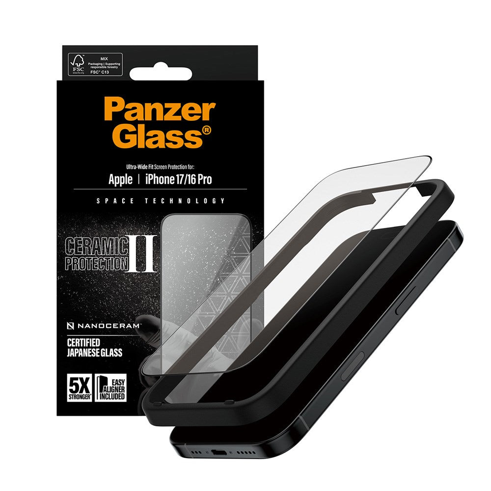 iPhone 17 / 16 Pro PanzerGlass Ceramic Skærmbeskyttelsesglas m. EasyAligner - Ultra Wide Fit - Gennemsigtig