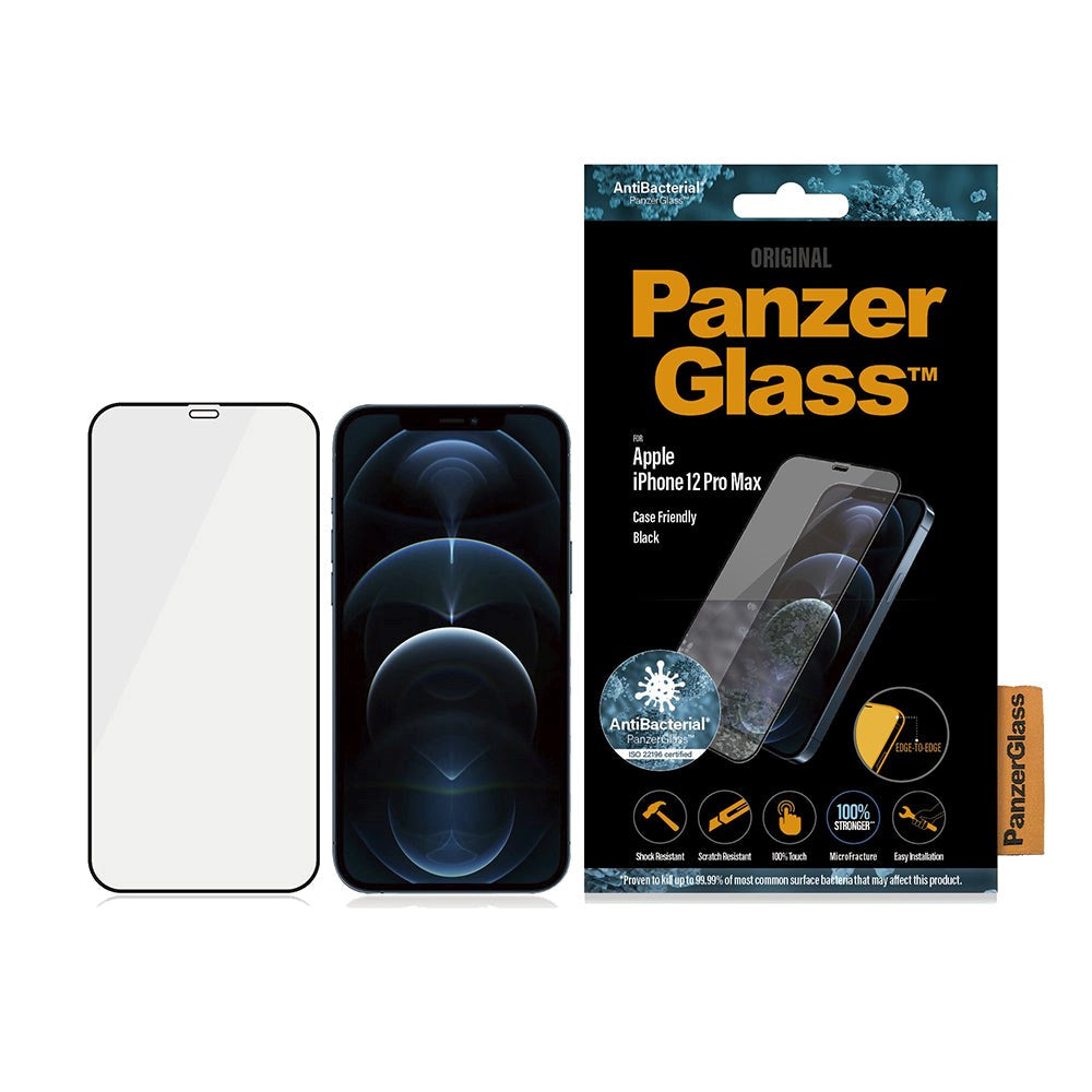 PanzerGlass iPhone 12 Pro Max AntiBacterial Edge-To-Edge Skærmbeskyttelse - Case Friendly - Sort Kant